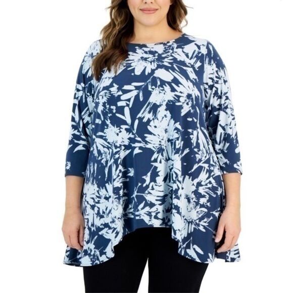 Blue Printed 3/4 Sleeve Tunic Top - Picture 1 of 7